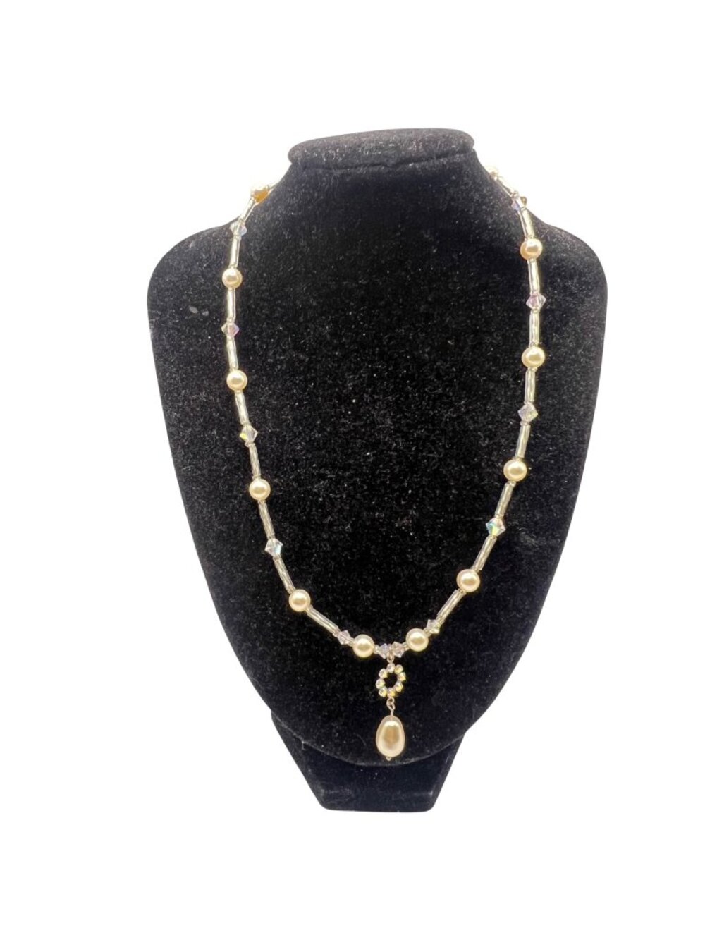 Sterling Silver Necklace Faux Pearls AB Crystals Drop Pendant 16+2" Prom Bridal